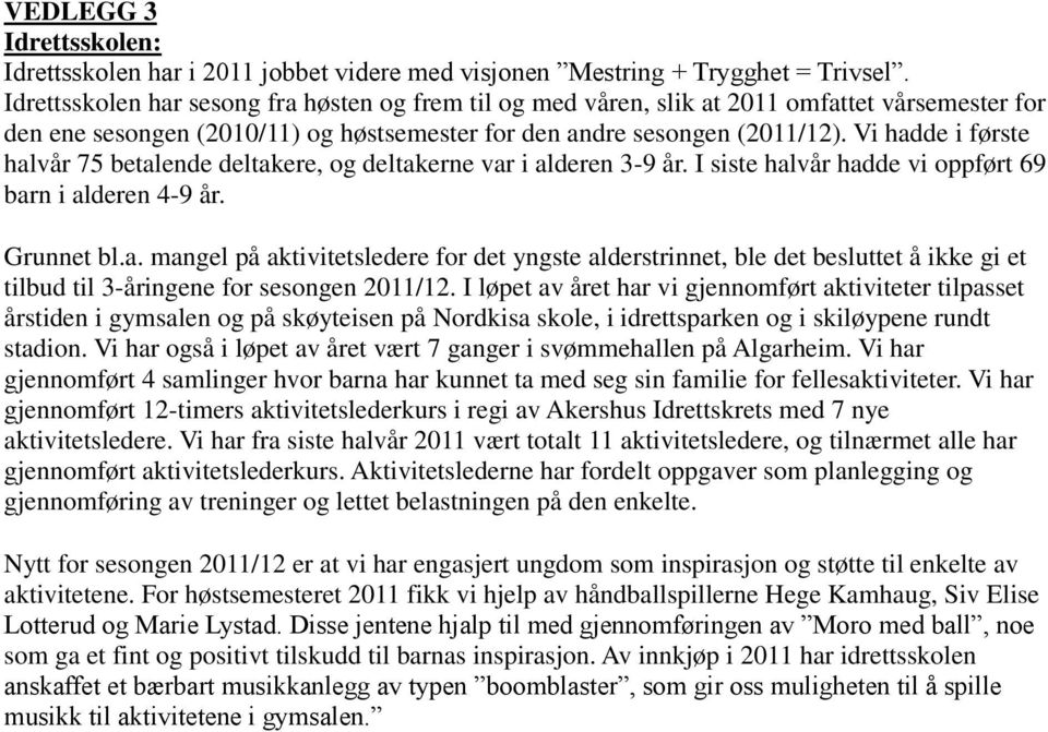 Vi hadde i første halvår 75 betalende deltakere, og deltakerne var i alderen 3-9 år. I siste halvår hadde vi oppført 69 barn i alderen 4-9 år. Grunnet bl.a. mangel på aktivitetsledere for det yngste alderstrinnet, ble det besluttet å ikke gi et tilbud til 3-åringene for sesongen 2011/12.