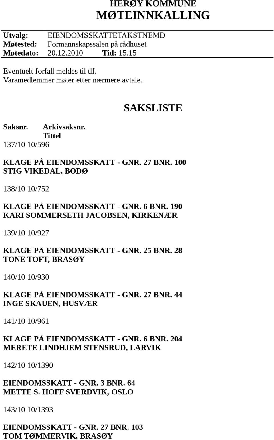 6 BNR. 190 KARI SOMMERSETH JACOBSEN, KIRKENÆR 139/10 10/927 KLAGE PÅ EIENDOMSSKATT - GNR. 25 BNR. 28 TONE TOFT, BRASØY 140/10 10/930 KLAGE PÅ EIENDOMSSKATT - GNR. 27 BNR.