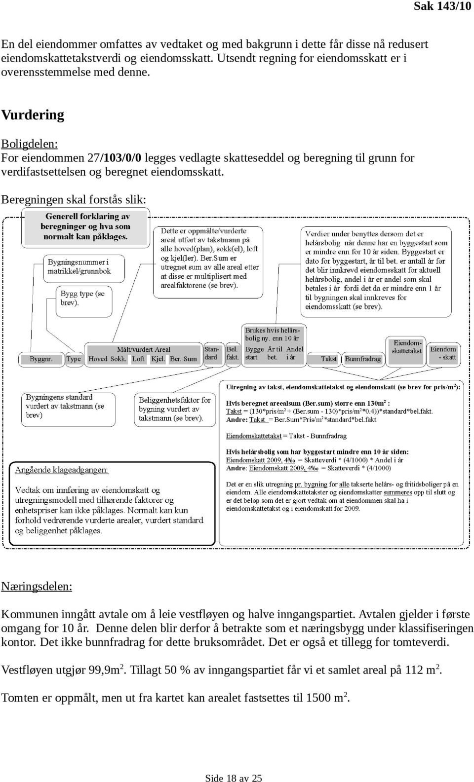 Vurdering Boligdelen: For eiendommen 27/103/0/0 legges vedlagte skatteseddel og beregning til grunn for verdifastsettelsen og beregnet eiendomsskatt.