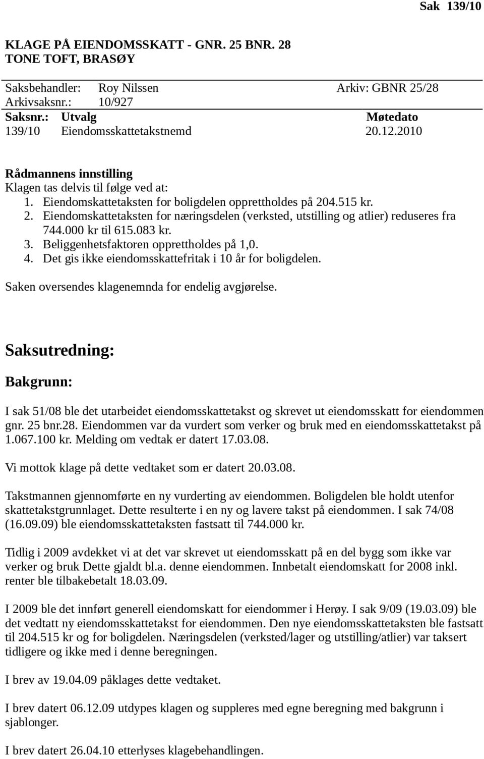 4.515 kr. 2. Eiendomskattetaksten for næringsdelen (verksted, utstilling og atlier) reduseres fra 744.000 kr til 615.083 kr. 3. Beliggenhetsfaktoren opprettholdes på 1,0. 4.