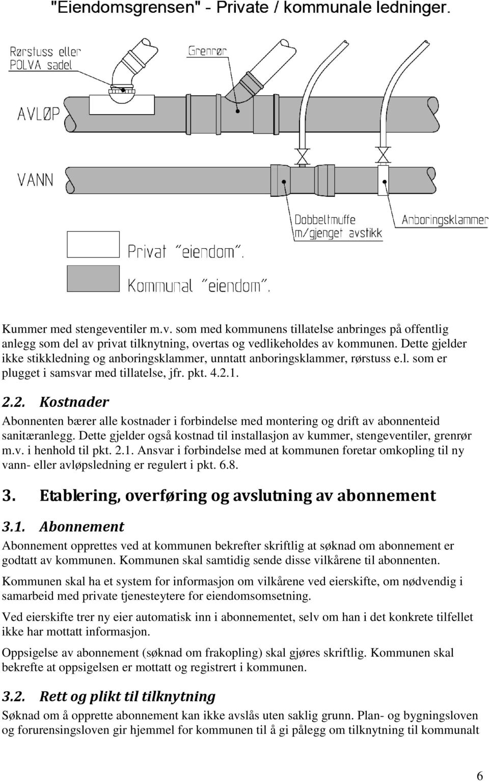 1. 2.2. Kostnader Abonnenten bærer alle kostnader i forbindelse med montering og drift av abonnenteid sanitæranlegg. Dette gjelder også kostnad til installasjon av kummer, stengeventiler, grenrør m.v. i henhold til pkt.
