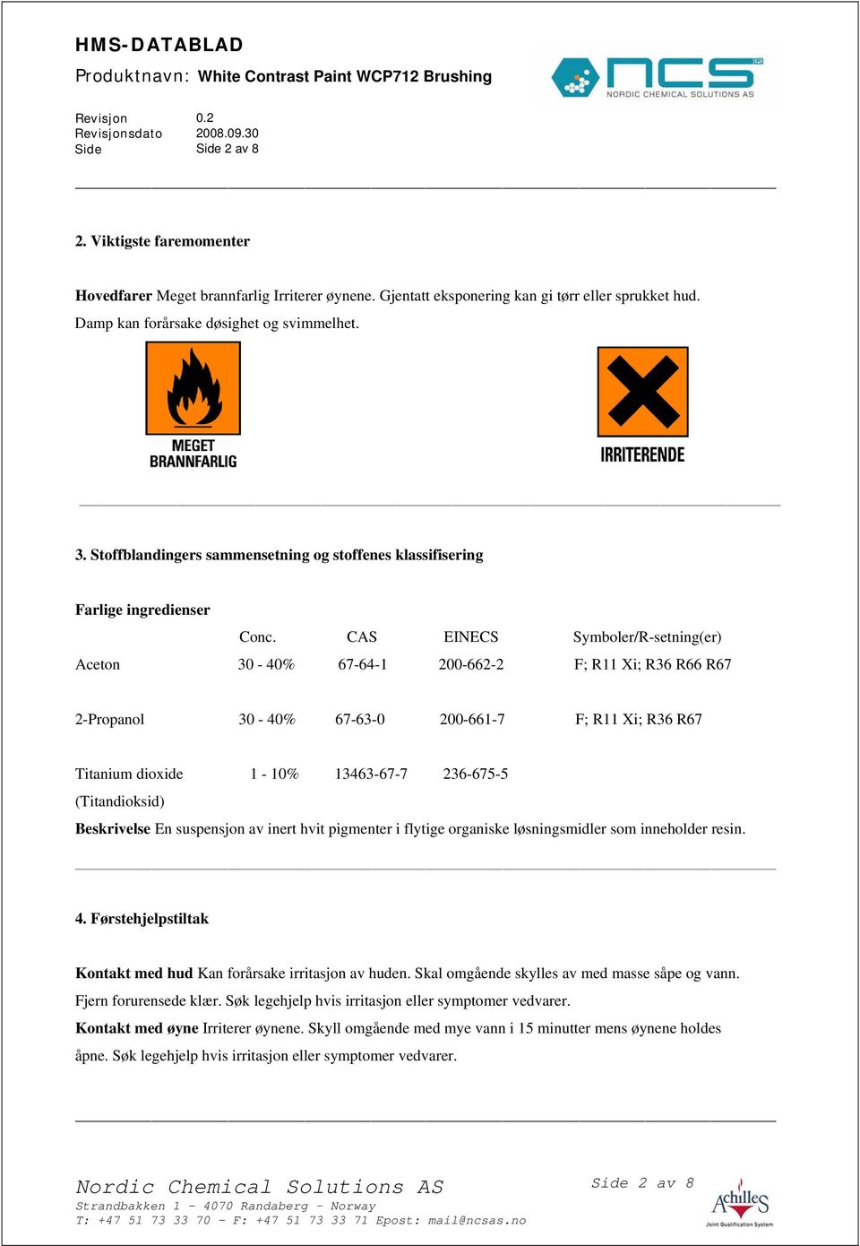 CAS EINECS Symboler/R-setning(er) Aceton 30-40% 67-64-1 200-662-2 F; R11 Xi; R36 R66 R67 2-Propanol 30-40% 67-63-0 200-661-7 F; R11 Xi; R36 R67 Titanium dioxide 1-10% 13463-67-7 236-675-5