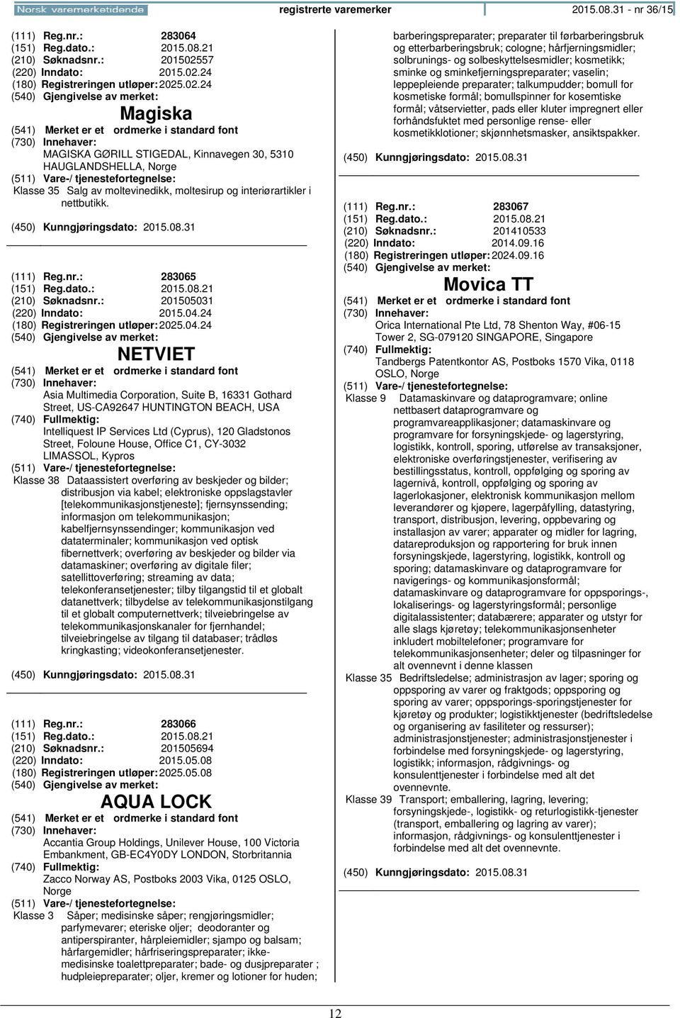 (111) Reg.nr.: 283065 (151) Reg.dato.: 2015.08.21 (210) Søknadsnr.: 201505031 (220) Inndato: 2015.04.