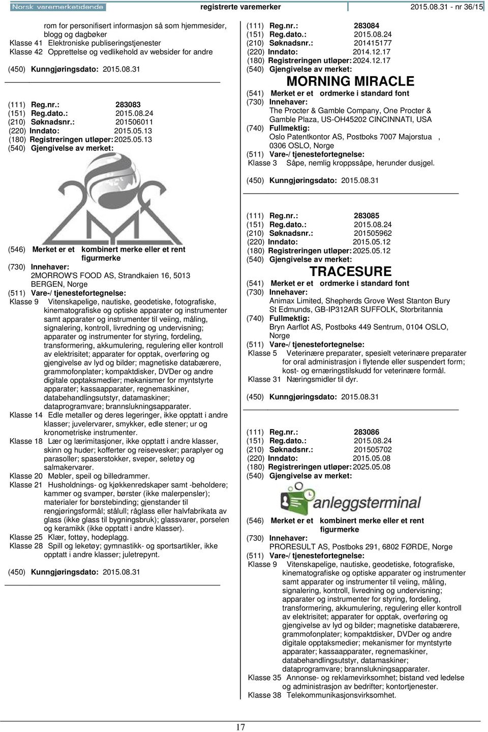 nr.: 283083 (151) Reg.dato.: 2015.08.24 (210) Søknadsnr.: 201506011 (220) Inndato: 2015.05.13 (180) Registreringen 2025.05.13 (111) Reg.nr.: 283084 (151) Reg.dato.: 2015.08.24 (210) Søknadsnr.: 201415177 (220) Inndato: 2014.