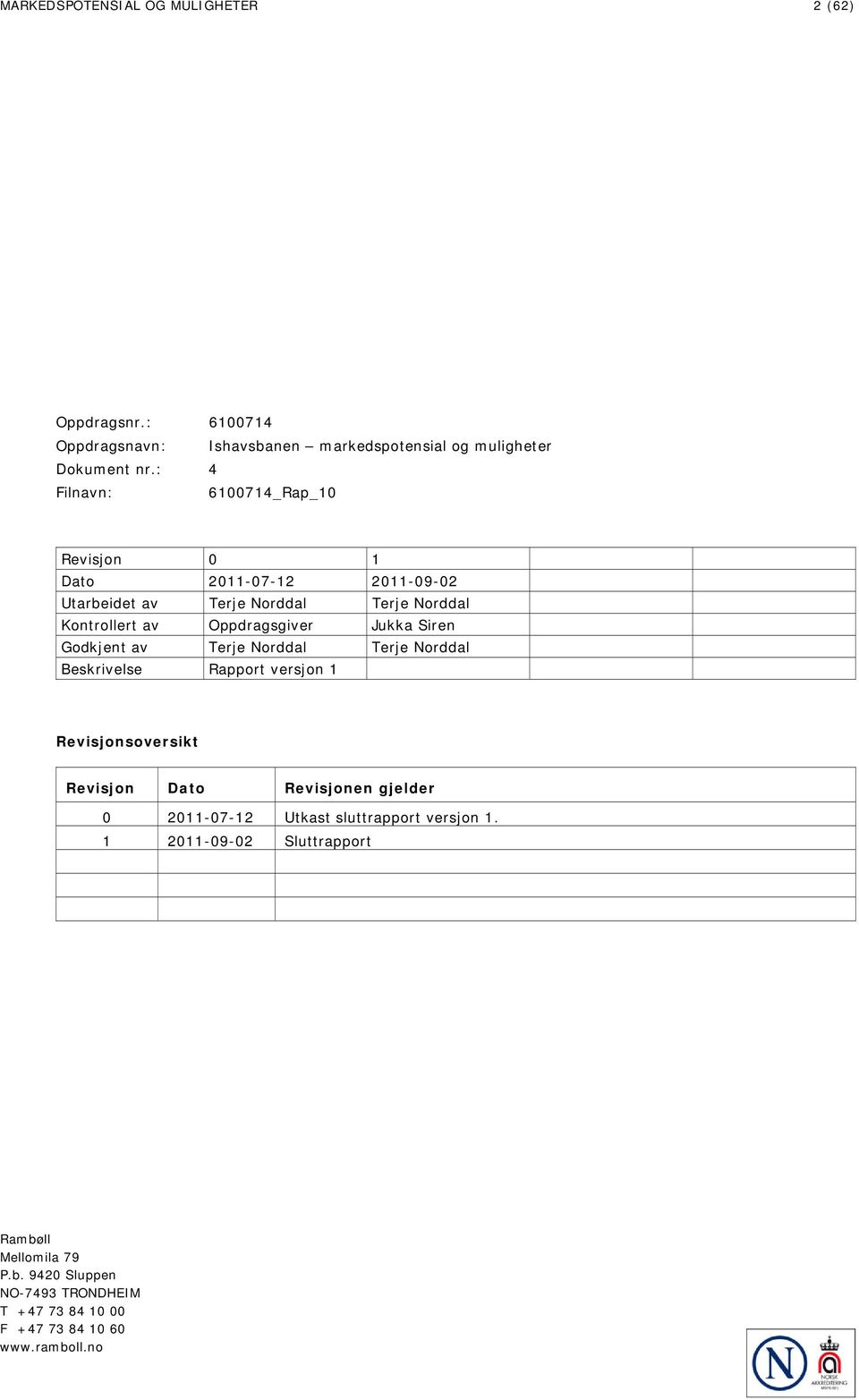 Jukka Siren Godkjent av Terje Norddal Terje Norddal Beskrivelse Rapport versjon 1 Revisjonsoversikt Revisjon Dato Revisjonen gjelder 0