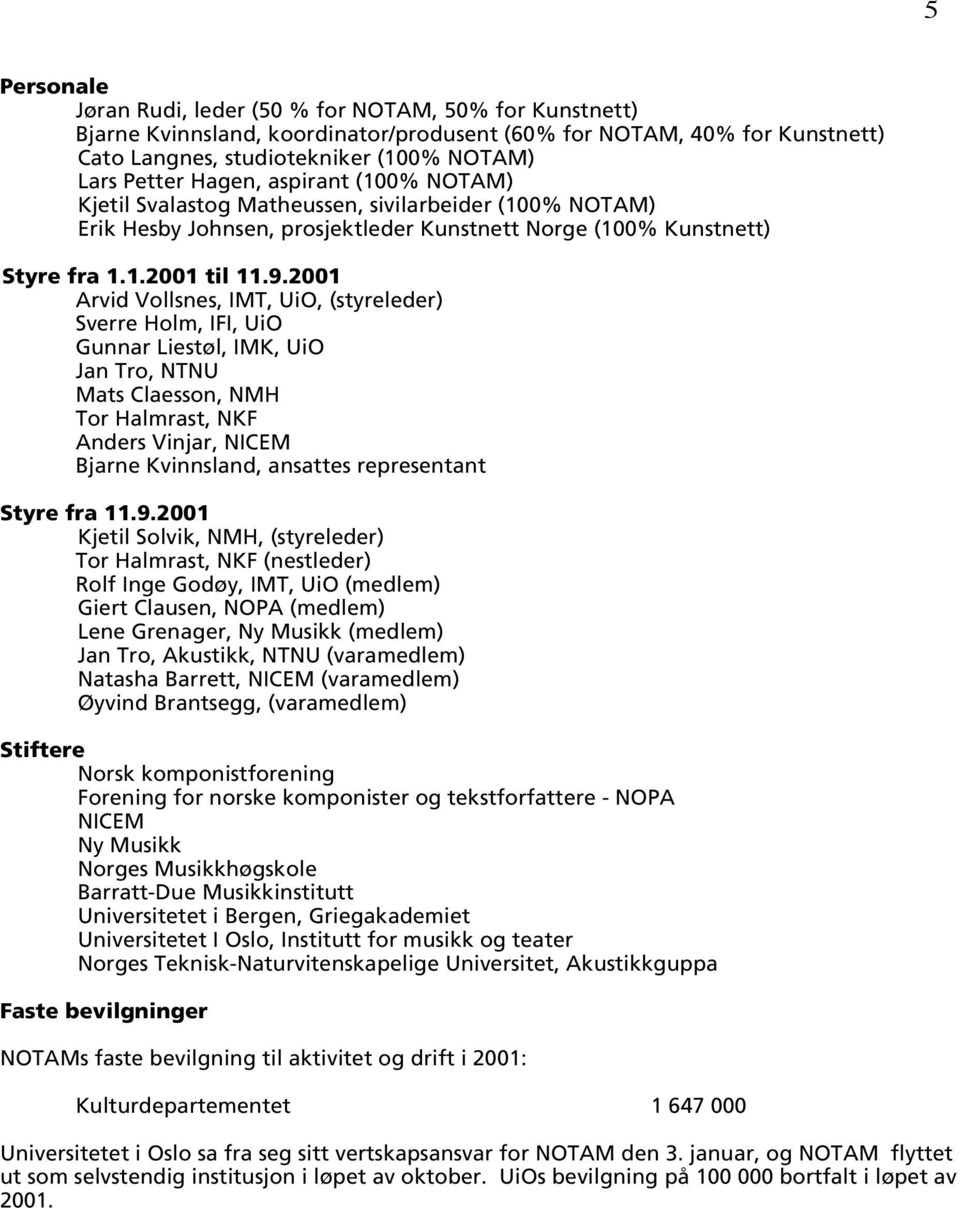 2001 Arvid Vollsnes, IMT, UiO, (styreleder) Sverre Holm, IFI, UiO Gunnar Liestøl, IMK, UiO Jan Tro, NTNU Mats Claesson, NMH Tor Halmrast, NKF Anders Vinjar, NICEM Bjarne Kvinnsland, ansattes