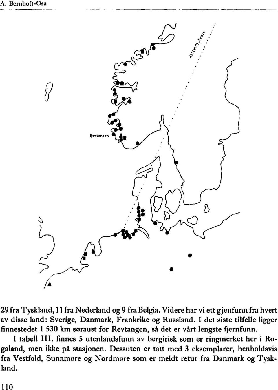 det siste tilfelle ligger finnestedet 1 530 km søraust for Retangen, så det er årt lengste fjernfunn. tabell ll.