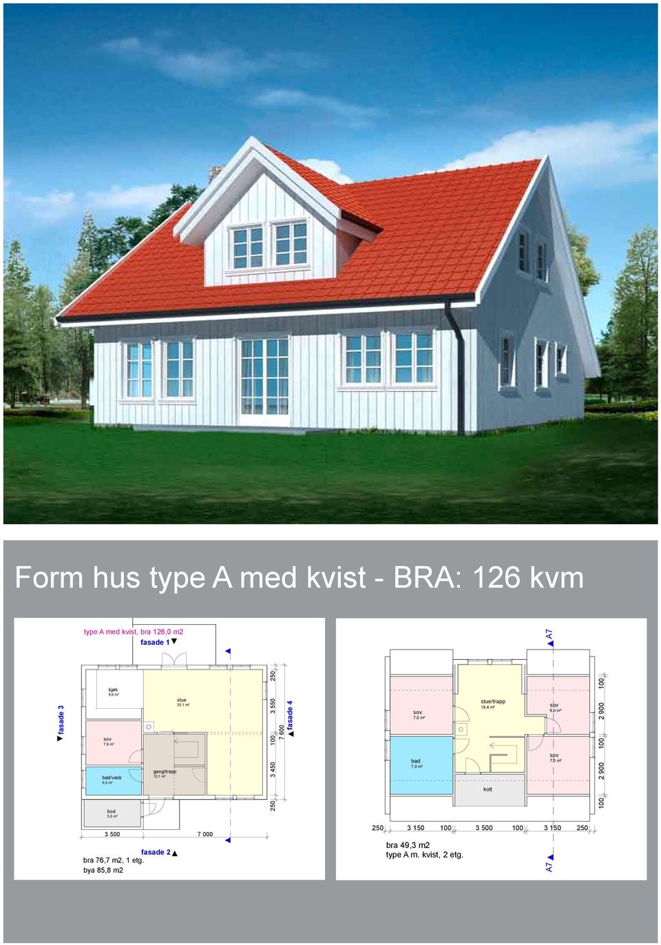 fasade 4 7,0 m² 7,0 m² stue/trapp 19,4 m² kott 6,0 m² 7,0 m² 100 2 900 100 2 900 100 3 500 7 000