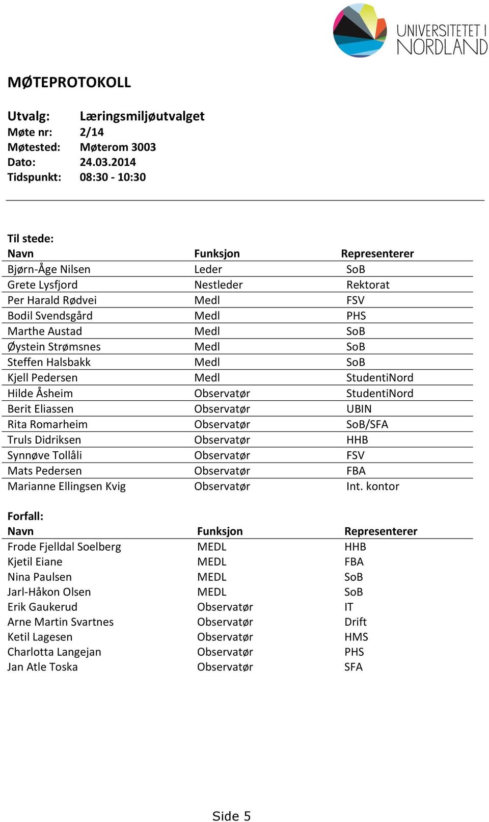 2014 Tidspunkt: 08:30-10:30 Til stede: Navn Funksjon Representerer Bjørn-Åge Nilsen Leder SoB Grete Lysfjord Nestleder Rektorat Per Harald Rødvei Medl FSV Bodil Svendsgård Medl PHS Marthe Austad Medl