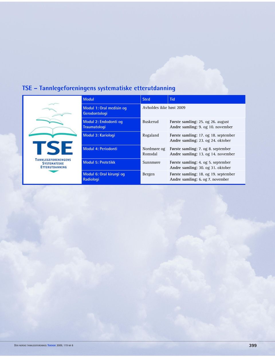 oktober Modul 4: Periodonti Nordmøre og Romsdal Første samling: 7. og 8. september Andre samling: 13. og 14. november Modul 5: Protetikk Sunnmøre Første samling: 4. og 5.