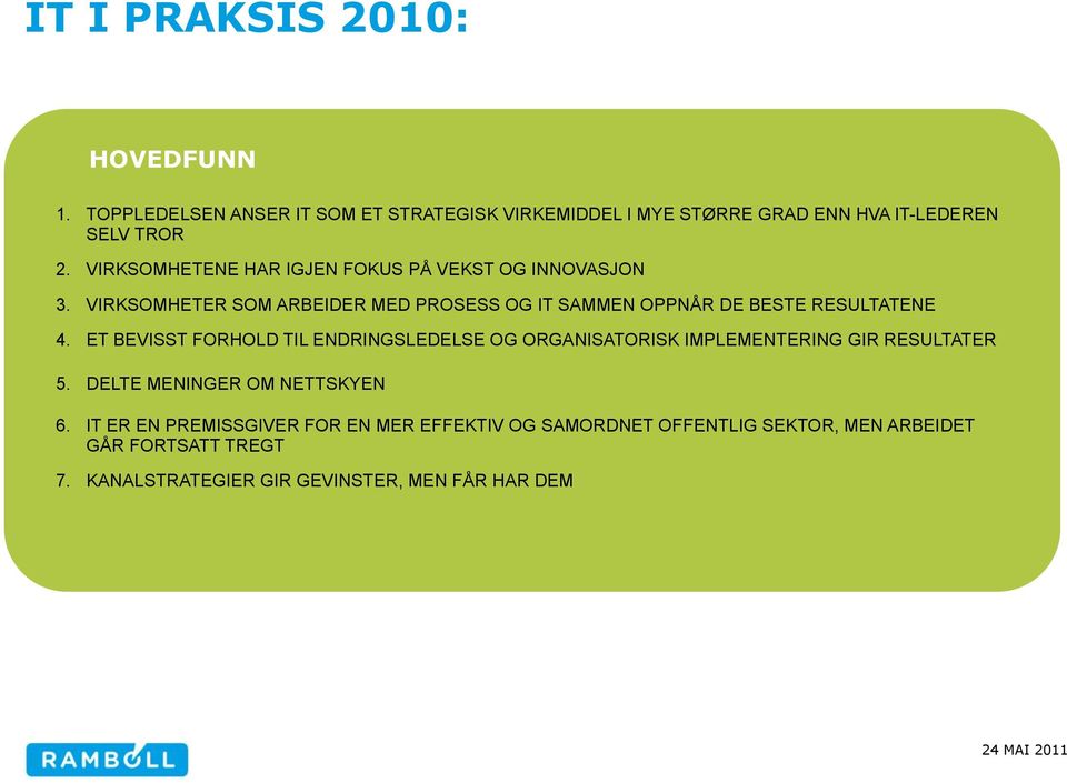 ET BEVISST FORHOLD TIL ENDRINGSLEDELSE OG ORGANISATORISK IMPLEMENTERING GIR RESULTATER 5. DELTE MENINGER OM NETTSKYEN 6.