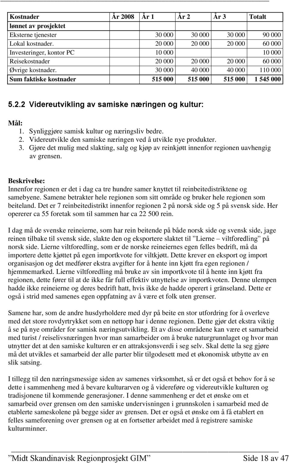 30 000 40 000 40 000 110 000 Sum faktiske kostnader 515 000 515 000 515 000 1 545 000 5.2.2 Videreutvikling av samiske næringen og kultur: Mål: 1. Synliggjøre samisk kultur og næringsliv bedre. 2.