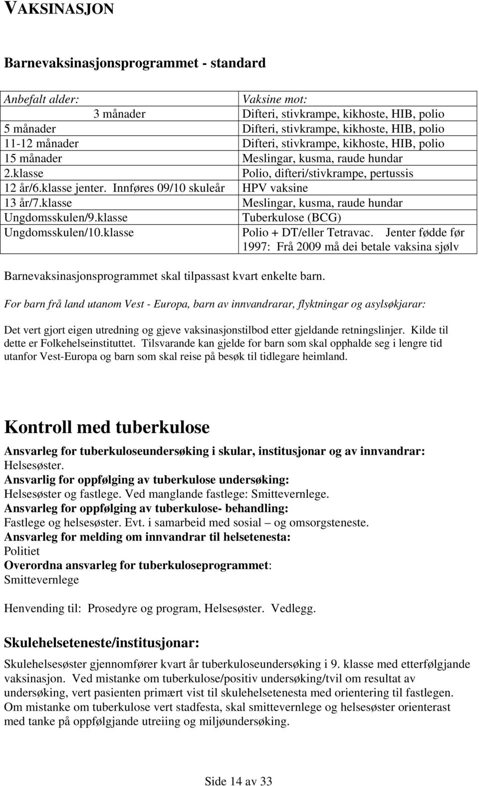 klasse Meslingar, kusma, raude hundar Ungdomsskulen/9.klasse Tuberkulose (BCG) Ungdomsskulen/1.klasse Polio + DT/eller Tetravac.