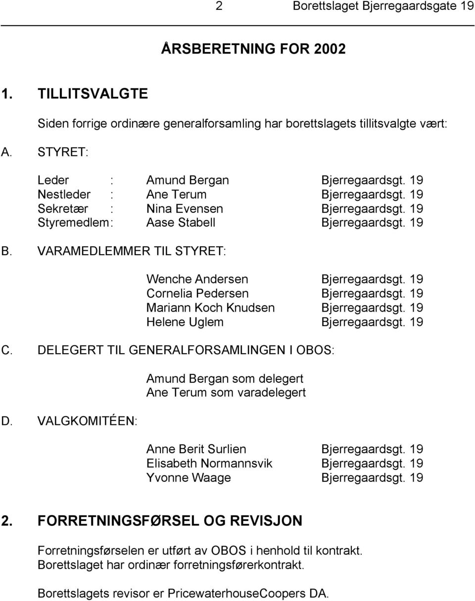 19 Cornelia Pedersen Bjerregaardsgt. 19 Mariann Koch Knudsen Bjerregaardsgt. 19 Helene Uglem Bjerregaardsgt. 19 C. DELEGERT TIL GENERALFORSAMLINGEN I OBOS: D.