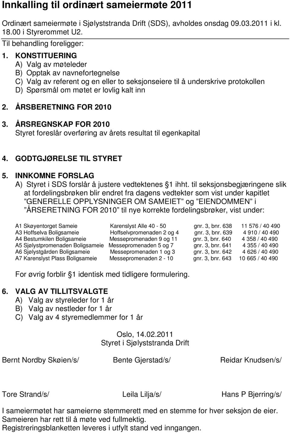 ÅRSBERETNING FOR 2010 3. ÅRSREGNSKAP FOR 2010 Styret foreslår overføring av årets resultat til egenkapital 4. GODTGJØRELSE TIL STYRET 5.