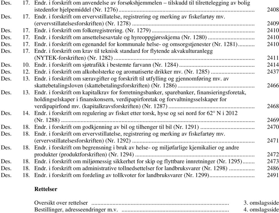 .. 2410 Des. 17. Endr. i forskrift om egenandel for kommunale helse- og omsorgstjenester (Nr. 1281)... 2410 Des. 17. Endr. i forskrift om krav til teknisk standard for flytende akvakulturanlegg (NYTEK-forskriften) (Nr.