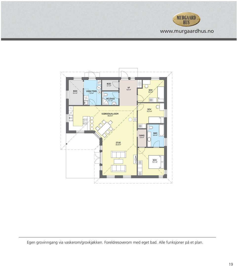 m² 10,3 m² KJØKKEN/ALLROM 35,6 m² GANG 2,8 m² BAD 6,8 m² STUE