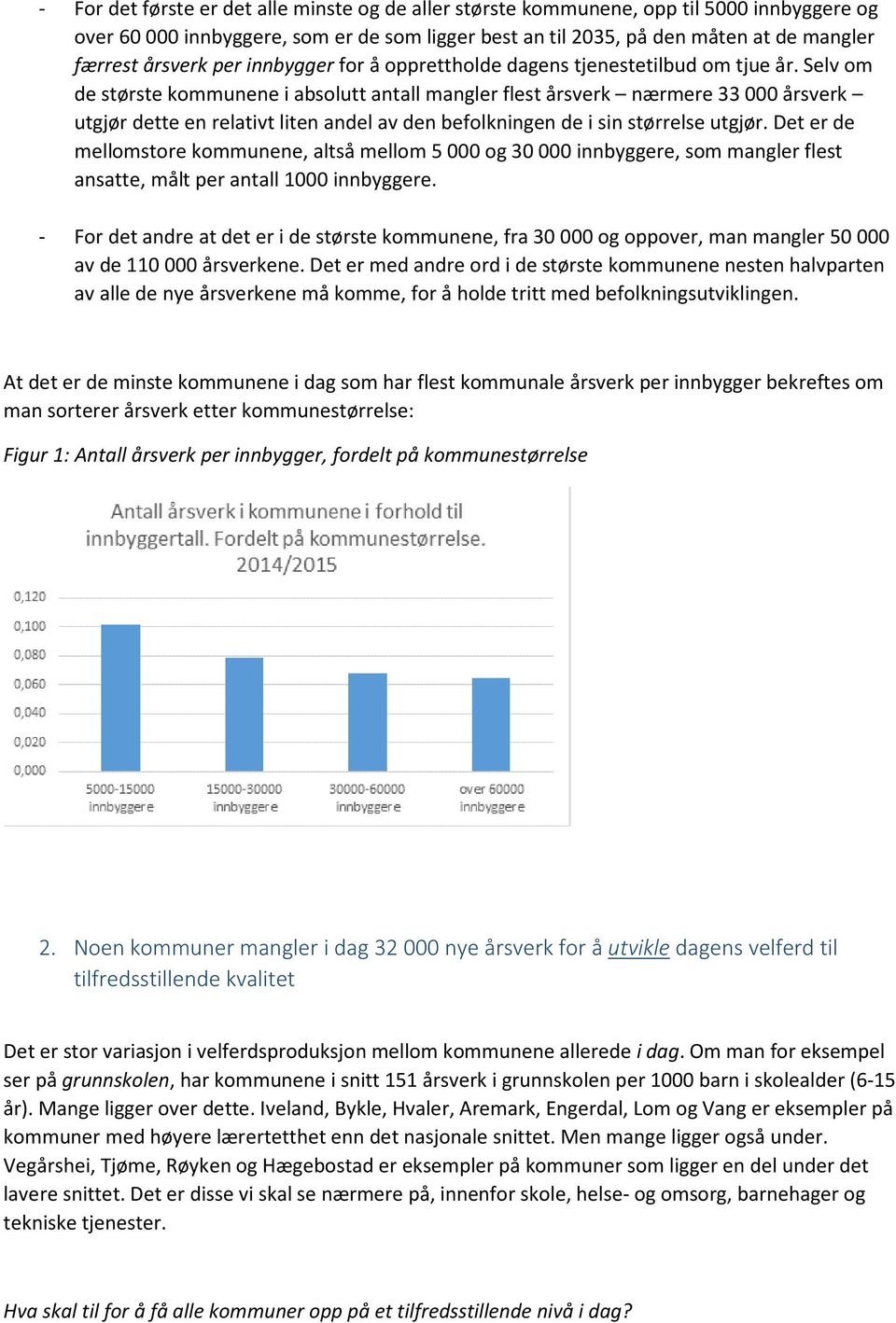 Selv om de største kommunene i absolutt antall mangler flest årsverk nærmere 33 000 årsverk utgjør dette en relativt liten andel av den befolkningen de i sin størrelse utgjør.