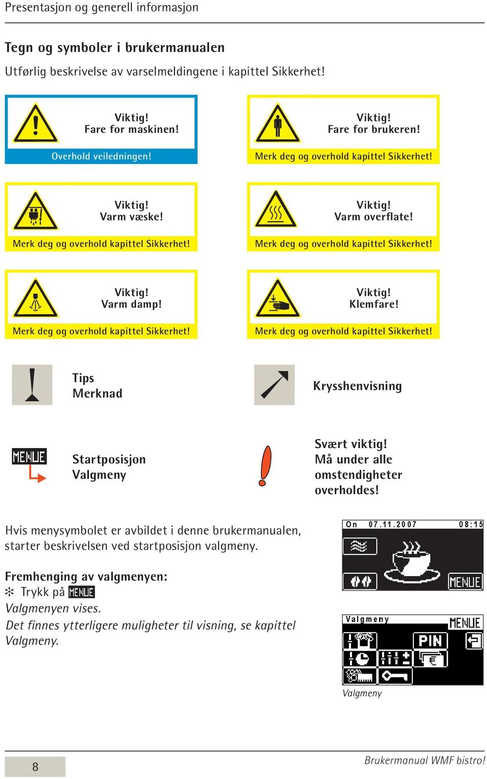 Merk deg og overhold kapittel Sikkerhet! Viktig! Klemfare! Merk deg og overhold kapittel Sikkerhet! Tips Merknad Krysshenvisning Startposisjon Valgmeny Svært viktig!