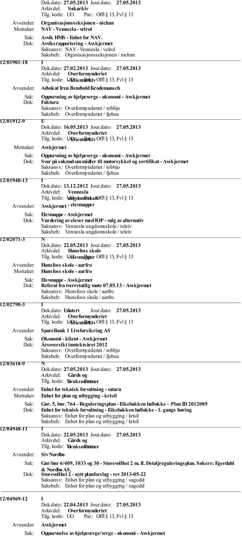 kode: UO - klientarkiv Offl 13, Fvl 13 Advokat Iren Bendvold Krodemansch Oppnevning av hjelpeverge - økonomi - Faktura 12/01912-9 U Dok.dato: 16.05.2013 Jour.dato: 27.05.2013 Tilg.