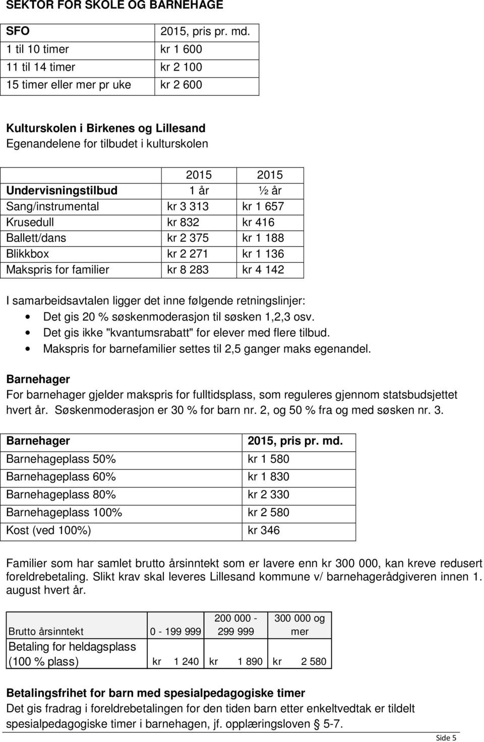 år Sang/instrumental kr 3 313 kr 1 657 Krusedull kr 832 kr 416 Ballett/dans kr 2 375 kr 1 188 Blikkbox kr 2 271 kr 1 136 Makspris for familier kr 8 283 kr 4 142 I samarbeidsavtalen ligger det inne