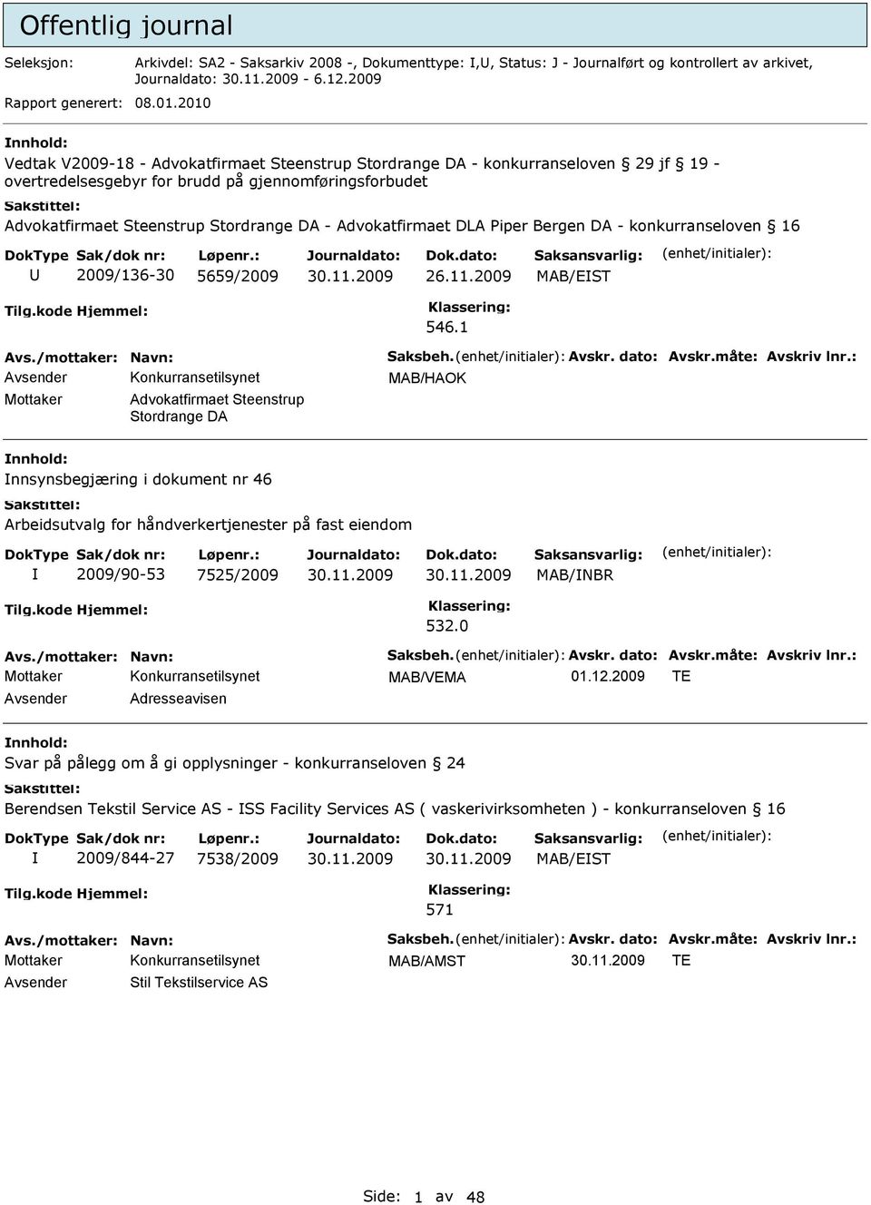 Advokatfirmaet DLA Piper Bergen DA - konkurranseloven 16 2009/136-30 5659/2009 26.11.2009 MAB/EST 546.