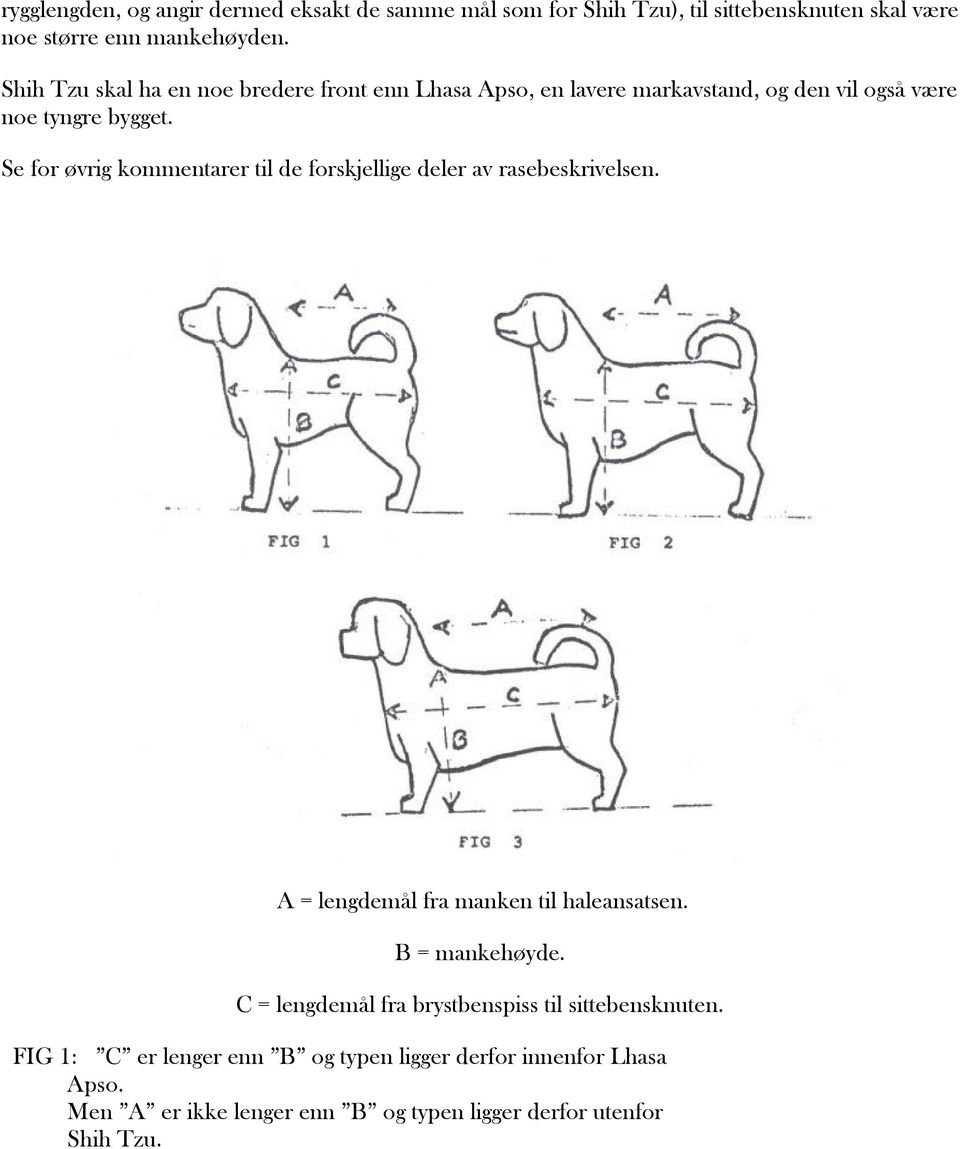 Se for øvrig kommentarer til de forskjellige deler av rasebeskrivelsen. A = lengdemål fra manken til haleansatsen. B = mankehøyde.