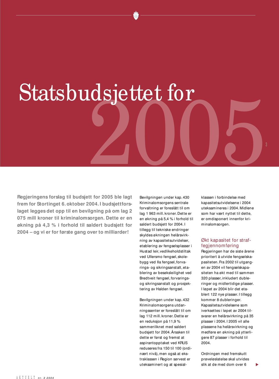 Dette er en økning på 4,3 % i forhold til saldert budsjett for 2004 og vi er for første gang over to milliarder! Bevilgningen under kap.