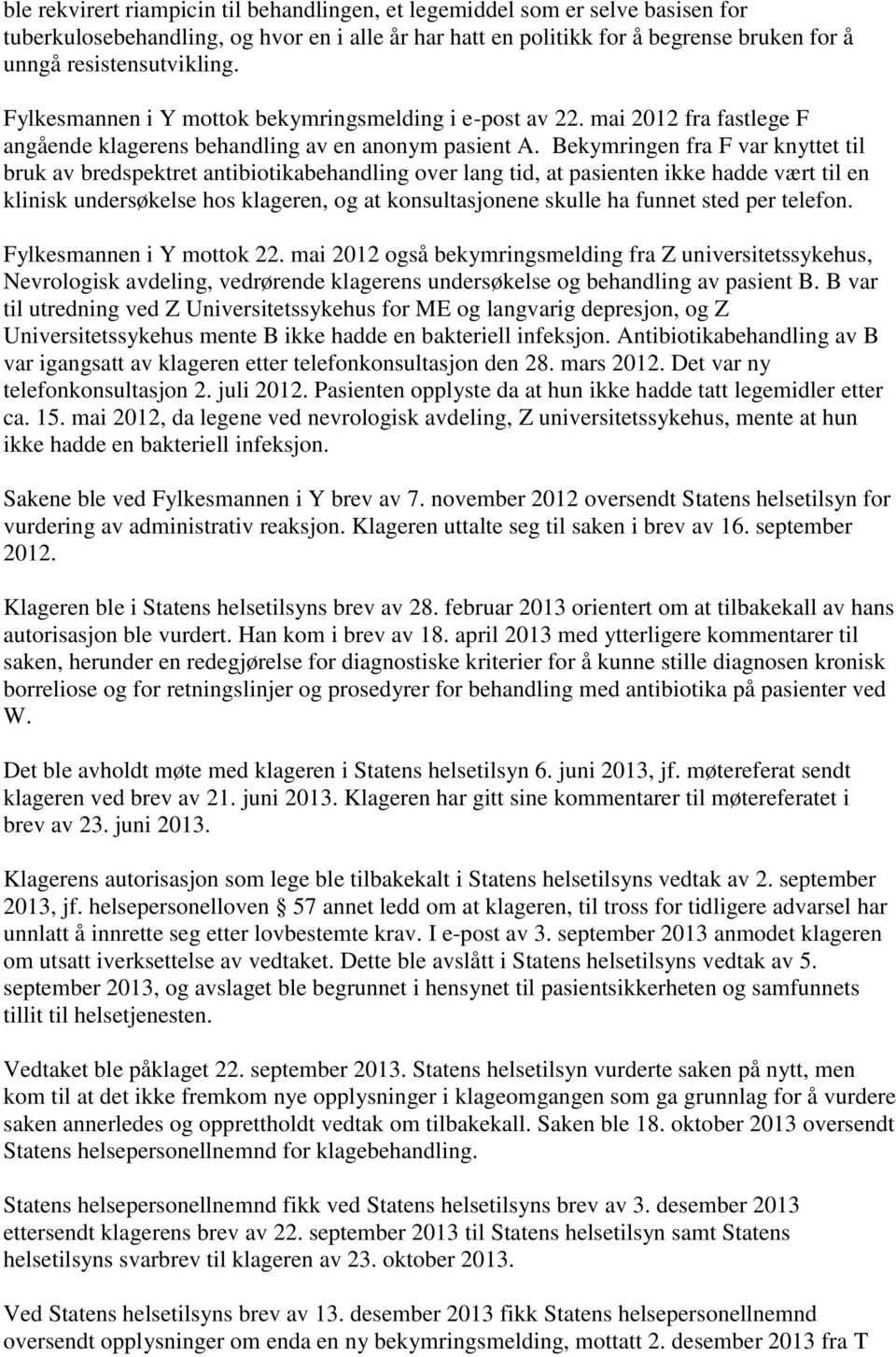 Bekymringen fra F var knyttet til bruk av bredspektret antibiotikabehandling over lang tid, at pasienten ikke hadde vært til en klinisk undersøkelse hos klageren, og at konsultasjonene skulle ha