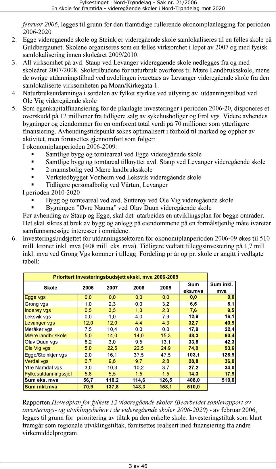 Skolene organiseres som en felles virksomhet i løpet av 2007 og med fysisk samlokalisering innen skoleåret 2009/2010. 3. All virksomhet på avd.