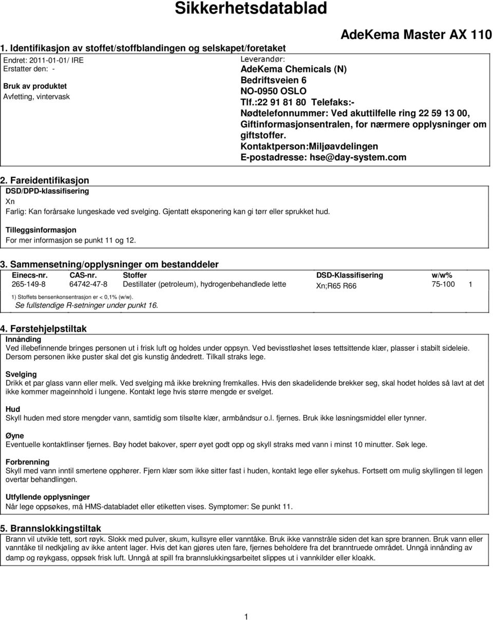 Tilleggsinformasjon For mer informasjon se punkt 11 og 12. Leverandør: AdeKema Chemicals (N) Bedriftsveien 6 NO-0950 OSLO Tlf.