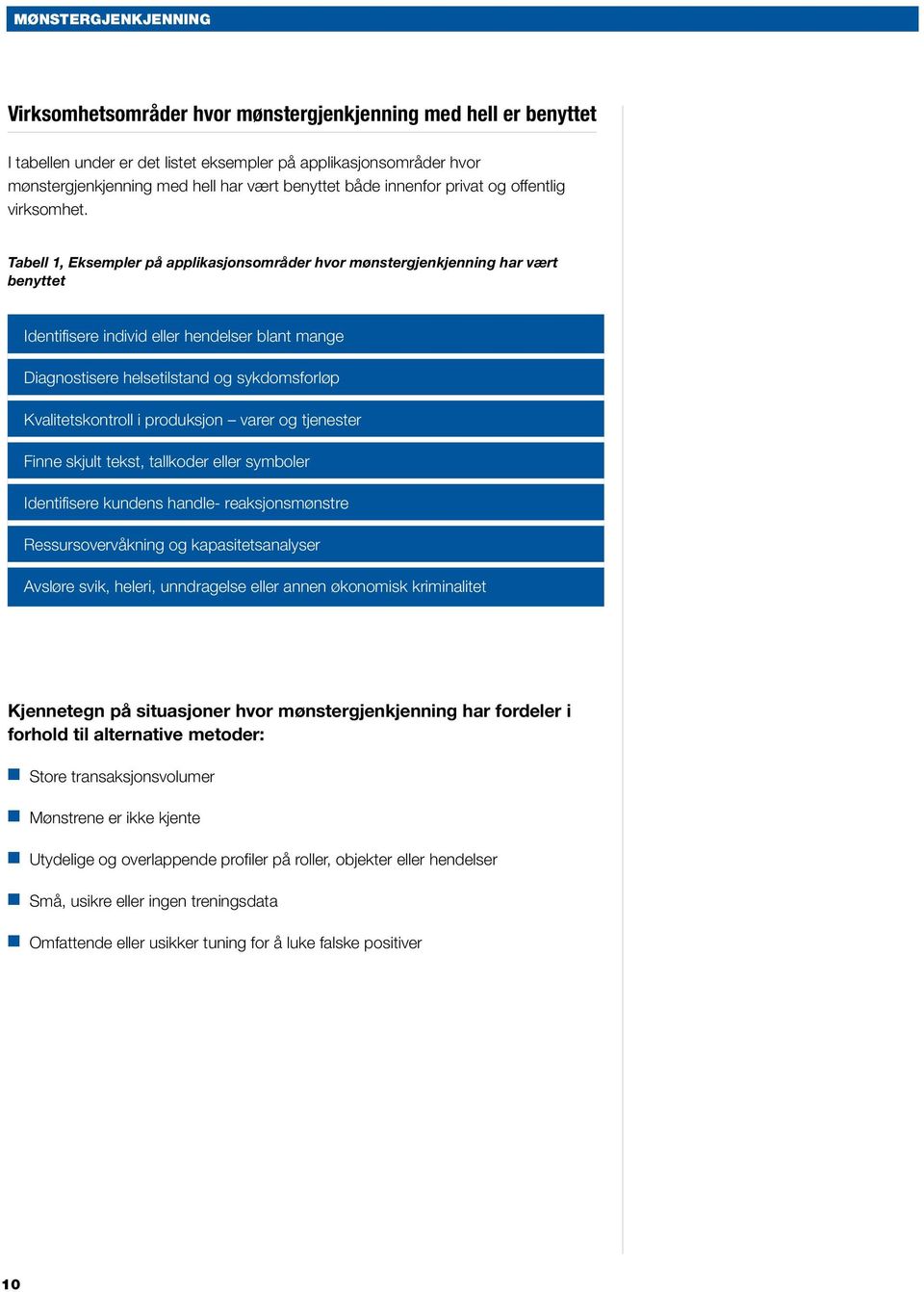 Tabell 1, Eksempler på applikasjonsområder hvor mønstergjenkjenning har vært benyttet Identifisere individ eller hendelser blant mange Diagnostisere helsetilstand og sykdomsforløp Kvalitetskontroll i