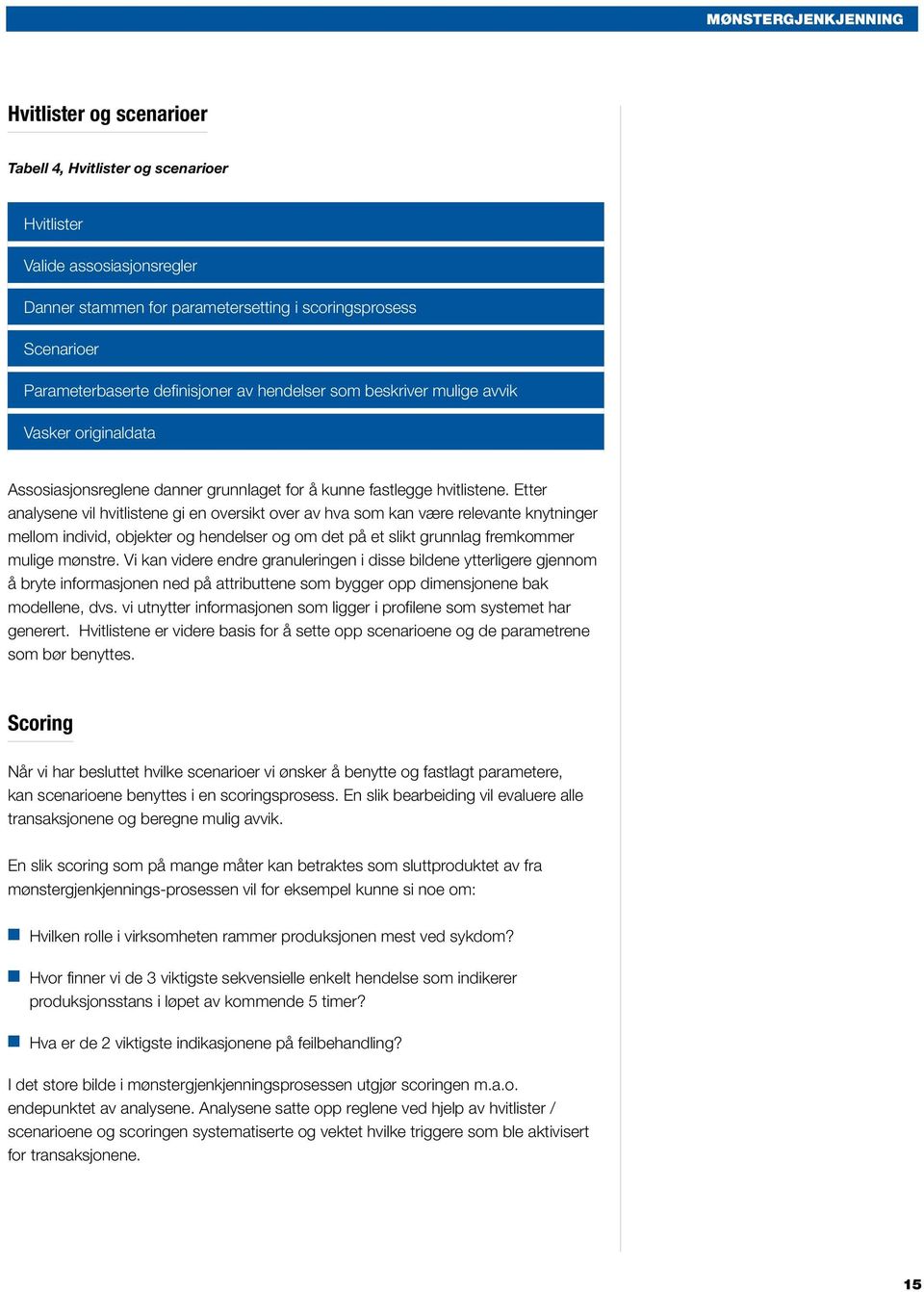 Etter analysene vil hvitlistene gi en oversikt over av hva som kan være relevante knytninger mellom individ, objekter og hendelser og om det på et slikt grunnlag fremkommer mulige mønstre.