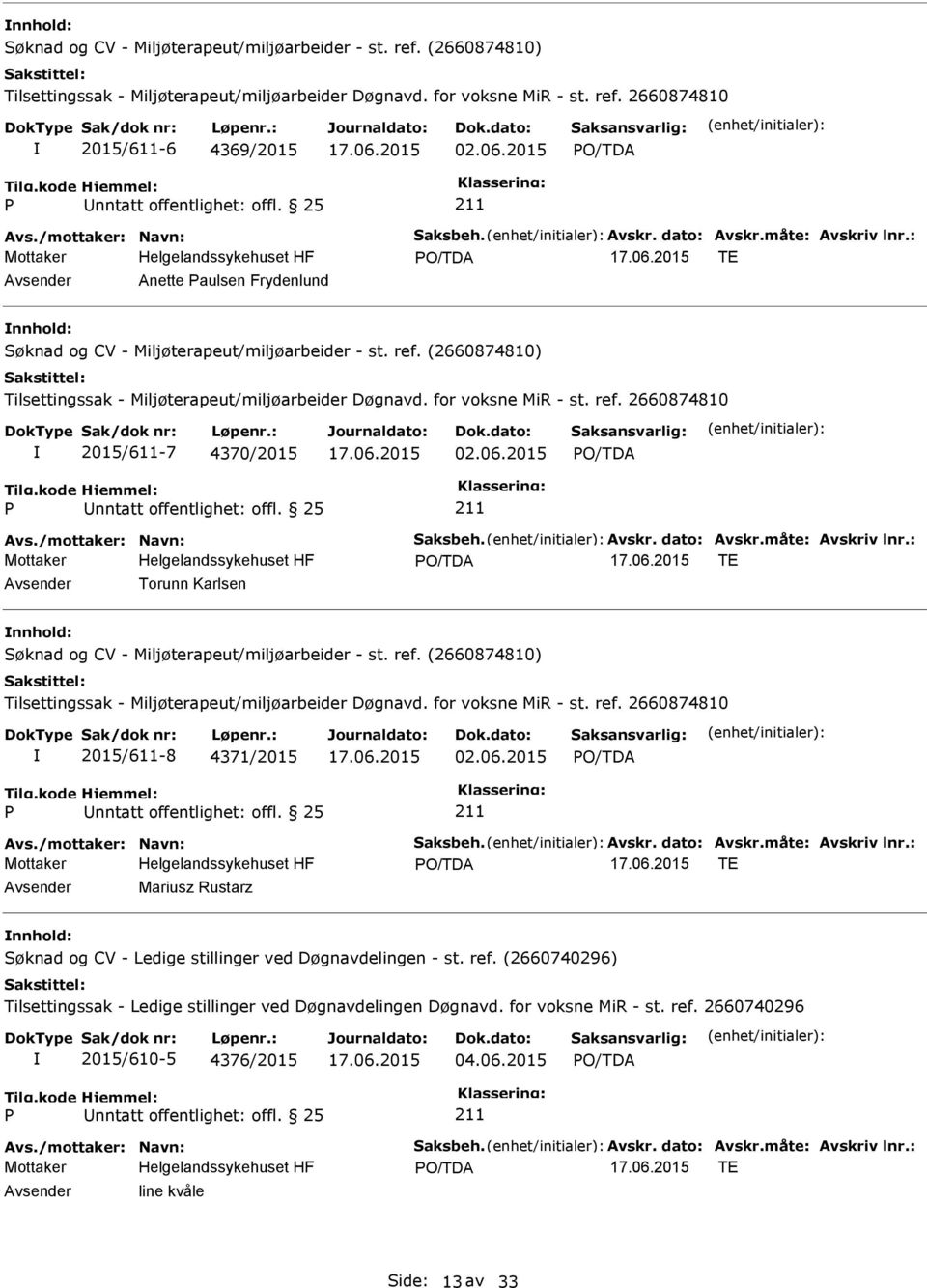 (2660740296) Tilsettingssak - Ledige stillinger ved Døgnavdelingen Døgnavd. for voksne MiR - st. ref. 2660740296 2015/610-5 4376/2015 04.06.2015 Avs./mottaker: Navn: Saksbeh. Avskr.