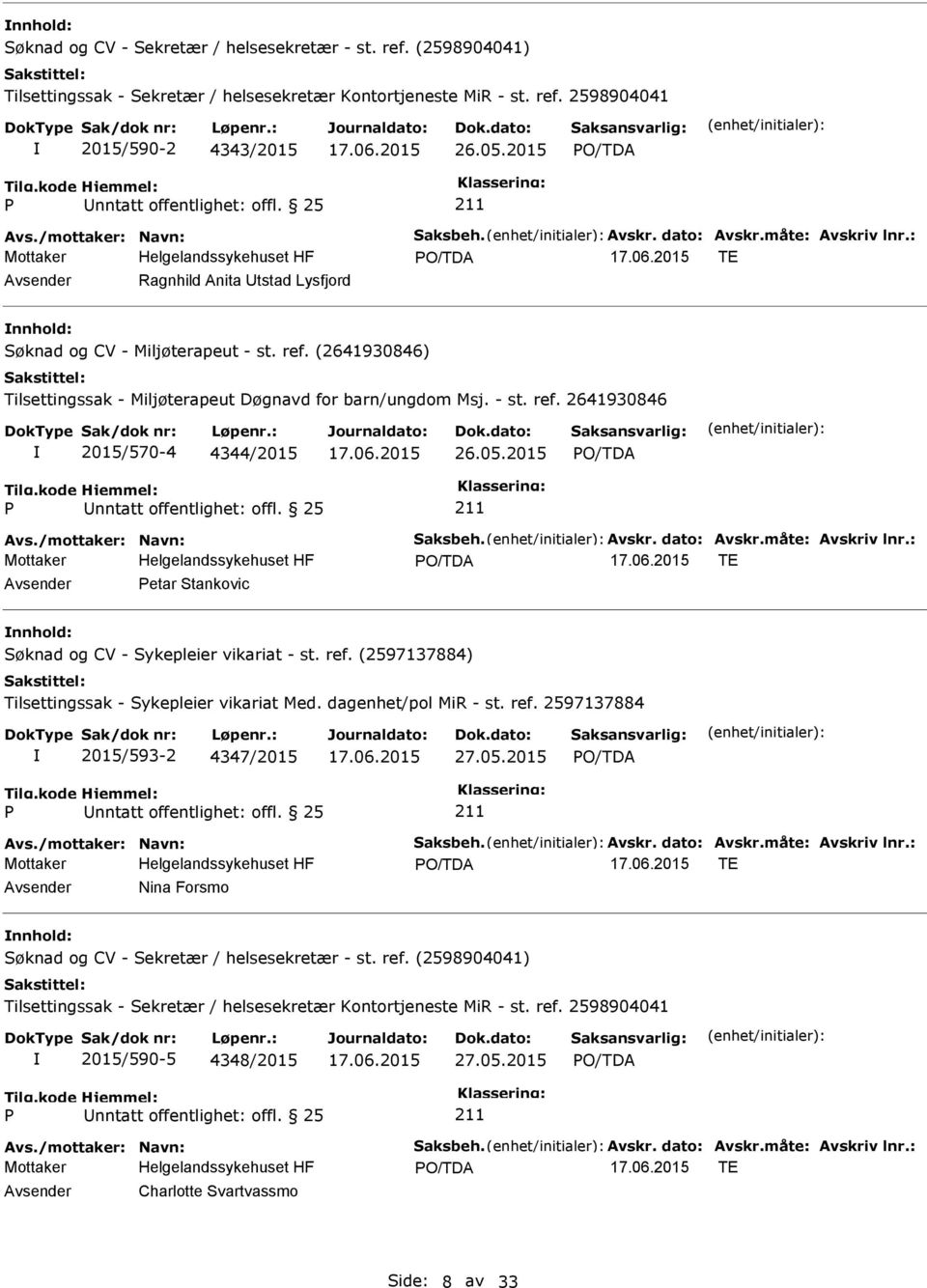 : TE Avsender etar Stankovic nnhold: Søknad og CV - Sykepleier vikariat - st. ref. (2597137884) Tilsettingssak - Sykepleier vikariat Med. dagenhet/pol MiR - st. ref. 2597137884 2015/593-2 4347/2015 27.