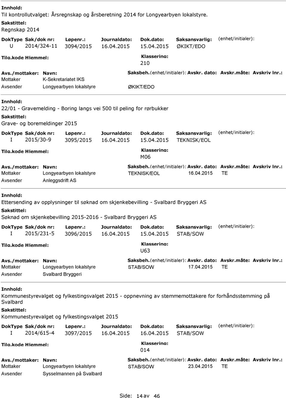 3095/2015 TEKNSK/EOL M06 Mottaker TEKNSK/EOL TE nleggsdrift S Ettersending av opplysninger til søknad om skjenkebevilling - Svalbard Bryggeri S Søknad om skjenkebevilling 2015-2016 - Svalbard