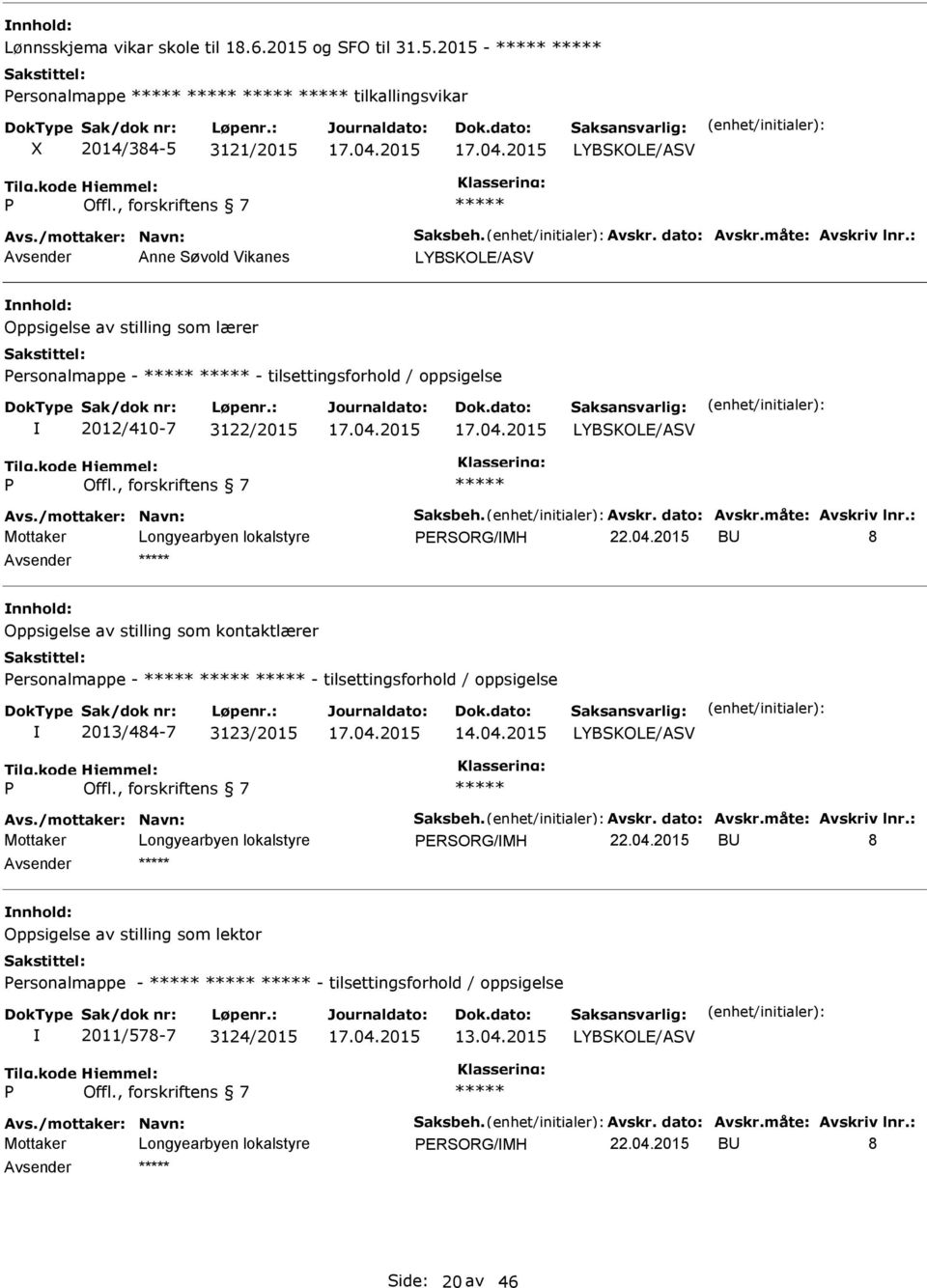 , forskriftens 7 Mottaker PERSORG/MH B 8 Oppsigelse av stilling som kontaktlærer Personalmappe - - tilsettingsforhold / oppsigelse 2013/484-7 3123/2015 14.04.