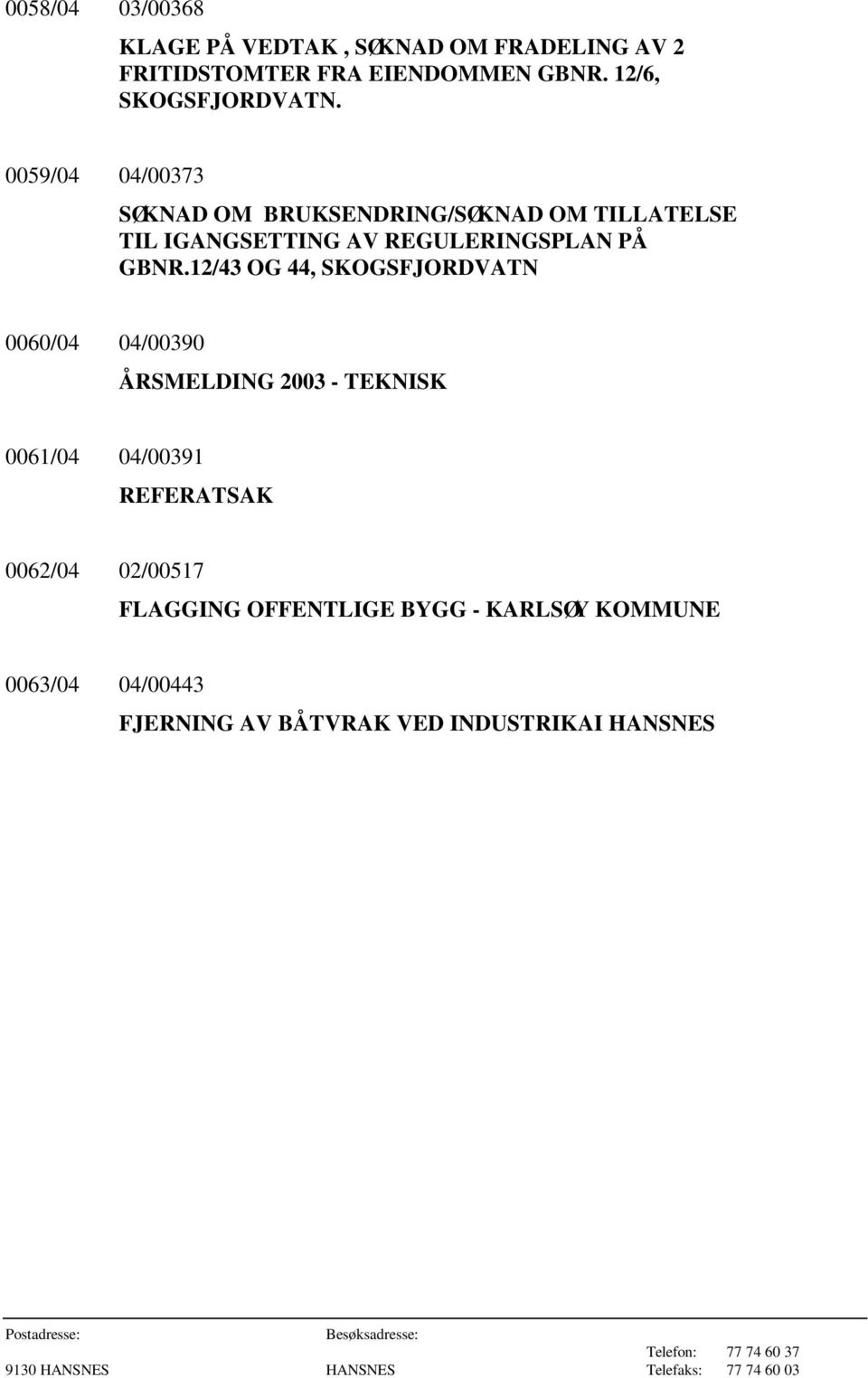 0059/04 04/00373 SØKNAD OM BRUKSENDRING/SØKNAD OM TILLATELSE TIL IGANGSETTING AV REGULERINGSPLAN PÅ GBNR.