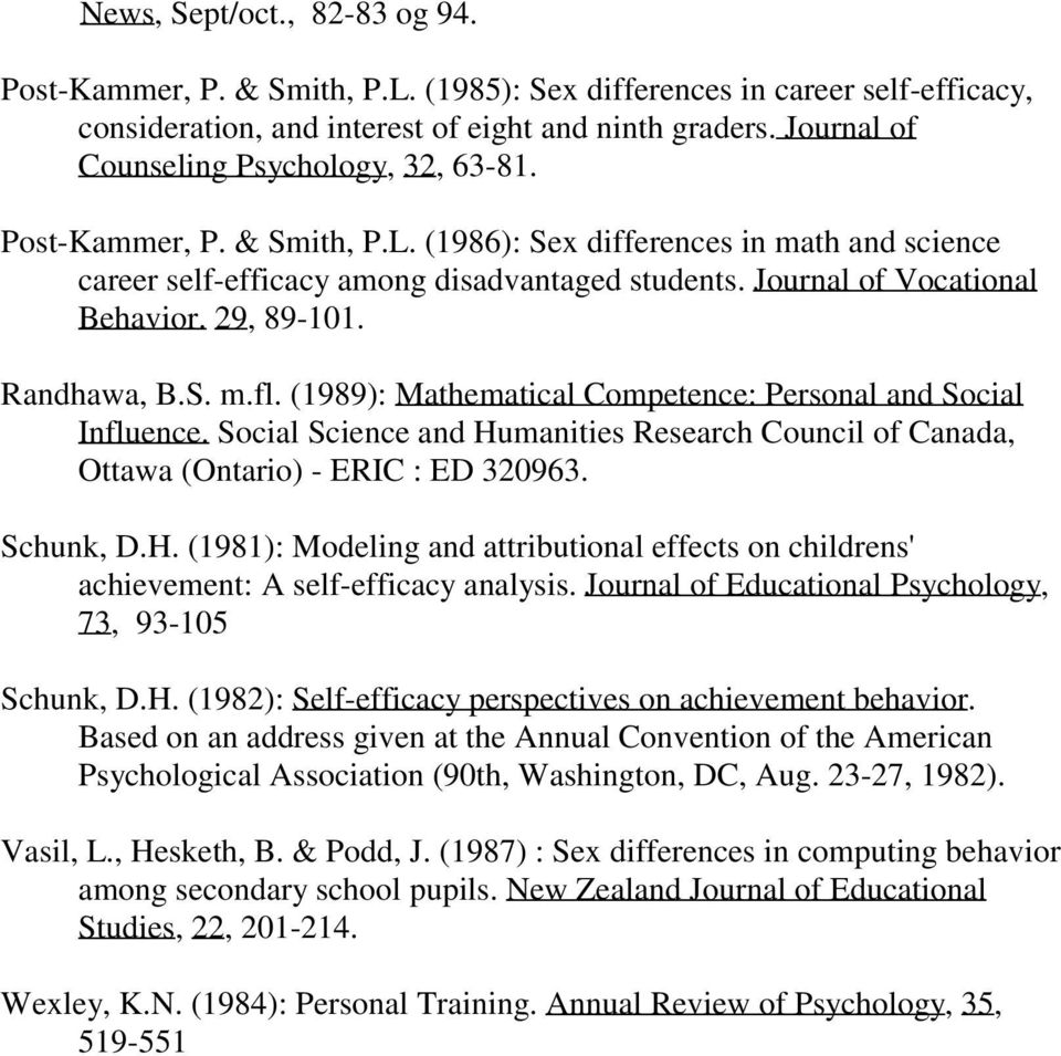 Journal of Vocational Behavior. 29, 89-101. Randhawa, B.S. m.fl. (1989): Mathematical Competence: Personal and Social Influence.