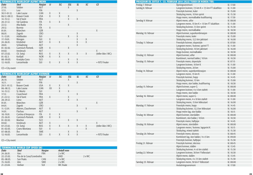 01. Schladming AUT X 01.-02.02. Garmisch-Partenk. GER X X 04.02. Innsbruck AUT X 07.-23.02. OL Sotsji RUS X X X X X (teller ikke i WC) 01.-02.3. Kvitfjell NOR X X 08.-09.03. Kranjska Gora SLO X X 12.