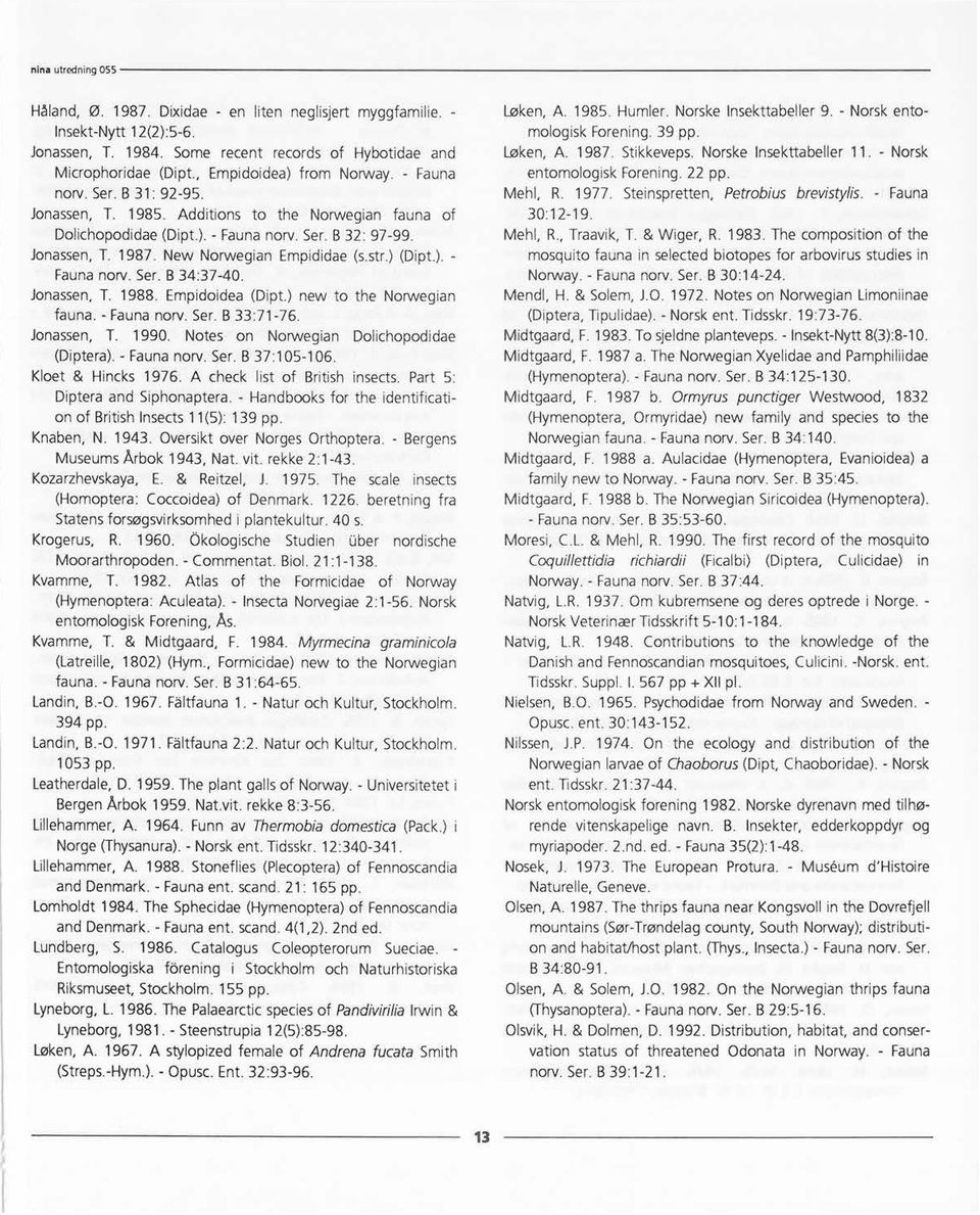 Jonassen,T. 1988. Empidoidea (Dipt.) new to the Norwegian fauna. - Faunanorv. Ser. B :71-76. Jonassen, T. 1990. Notes on Norwegian Dolichopodidae (Diptera).- Faunanorv. Ser. B 7:105-106.