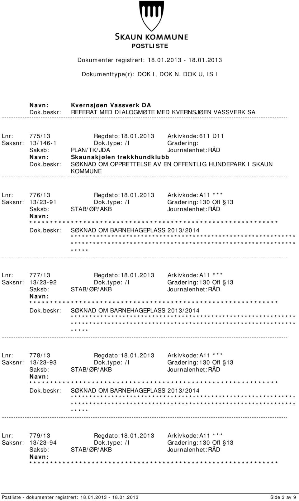 2013 Arkivkode:A11 *** Saksnr: 13/23-91 Dok.type: /I Gradering:130 Ofl 13 Lnr: 777/13 Regdato:18.01.2013 Arkivkode:A11 *** Saksnr: 13/23-92 Dok.