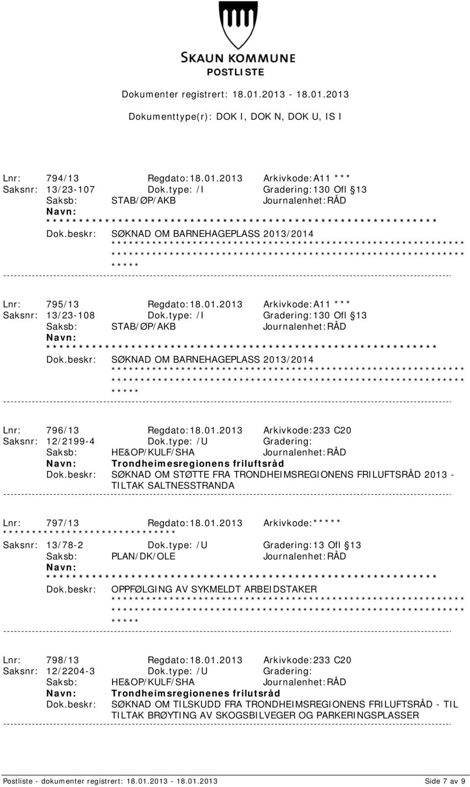 type: /U Gradering: Trondheimesregionens friluftsråd SØKNAD OM STØTTE FRA TRONDHEIMSREGIONENS FRILUFTSRÅD 2013 - TILTAK SALTNESSTRANDA Lnr: 797/13 Regdato:18.01.2013 Arkivkode: Saksnr: 13/78-2 Dok.