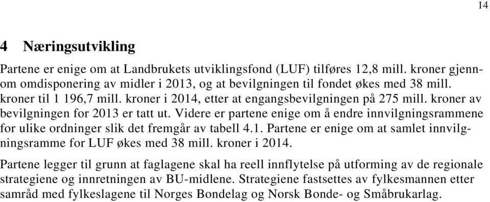 Videre er partene enige om å endre innvilgningsrammene for ulike ordninger slik det fremgår av tabell 4.1. Partene er enige om at samlet innvilgningsramme for LUF økes med 38 mill.