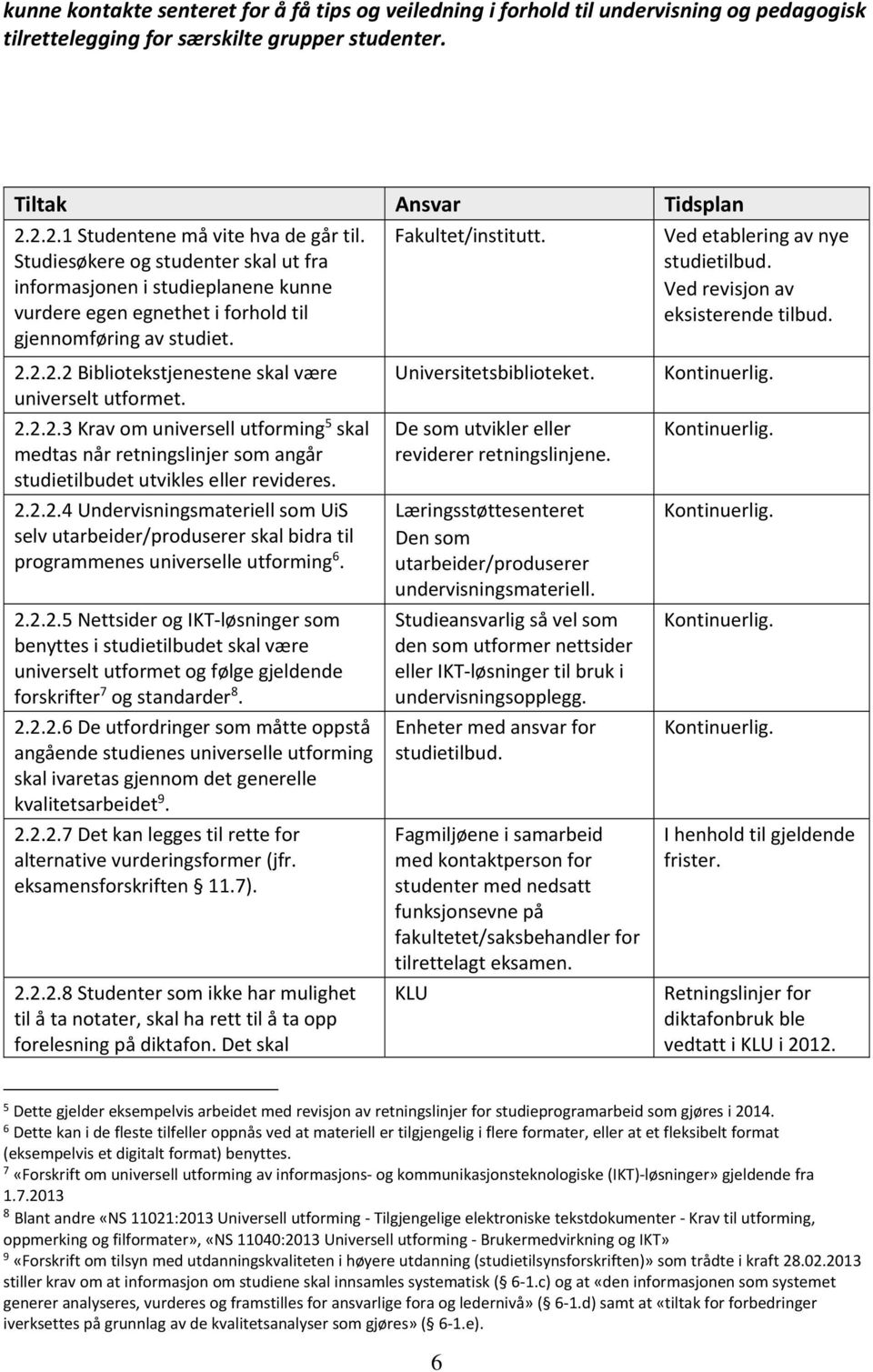 2.2.2 Bibliotekstjenestene skal være universelt utformet. 2.2.2.3 Krav om universell utforming 5 skal medtas når retningslinjer som angår studietilbudet utvikles eller revideres. 2.2.2.4 Undervisningsmateriell som UiS selv utarbeider/produserer skal bidra til programmenes universelle utforming 6.