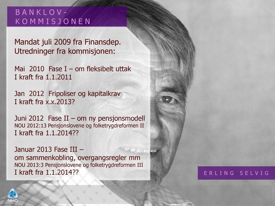 x.2013? Juni 2012 Fase II om ny pensjonsmodell NOU 2012:13 Pensjonslovene og folketrygdreformen II I kraft fra 1.1.2014?