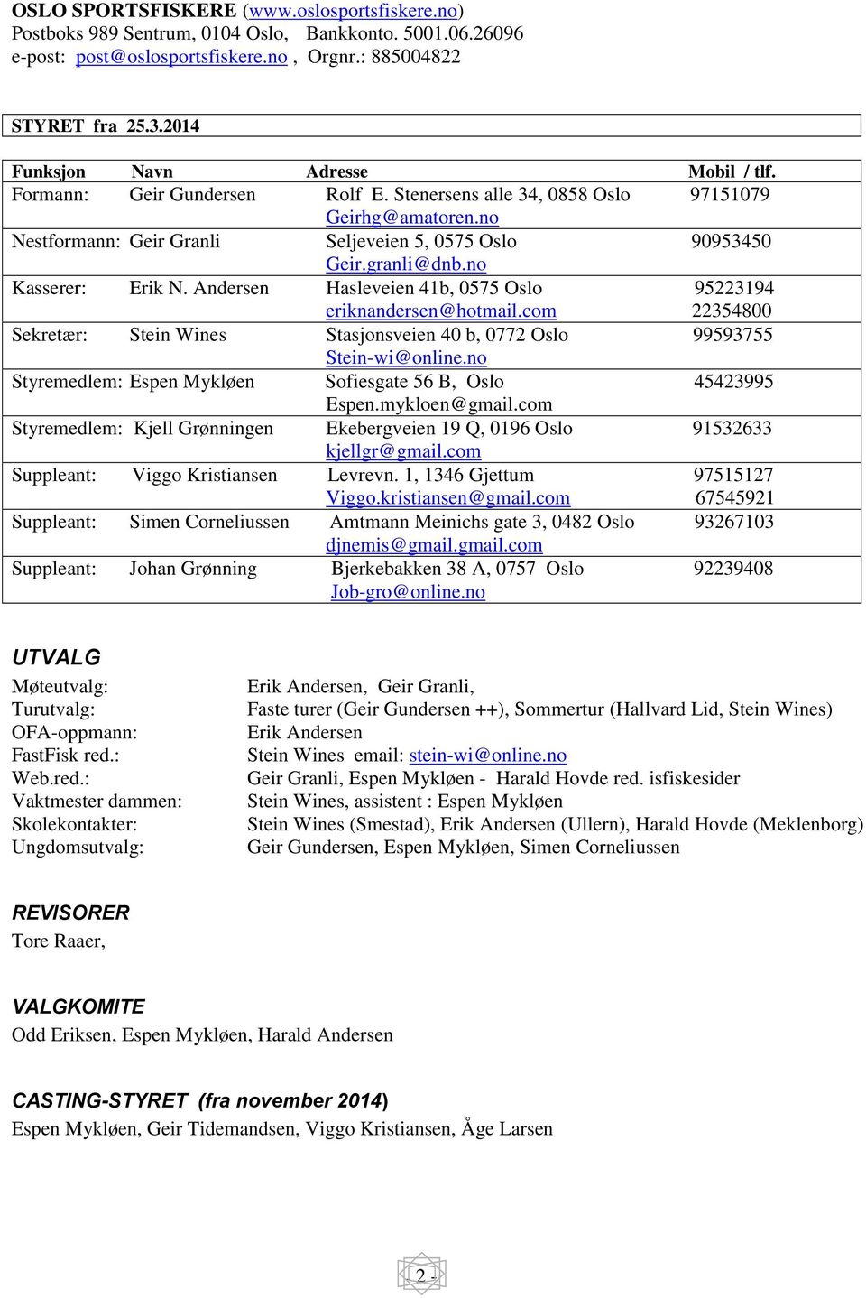 granli@dnb.no Kasserer: Erik N. Andersen Hasleveien 41b, 0575 Oslo 95223194 eriknandersen@hotmail.com 22354800 Sekretær: Stein Wines Stasjonsveien 40 b, 0772 Oslo 99593755 Stein-wi@online.