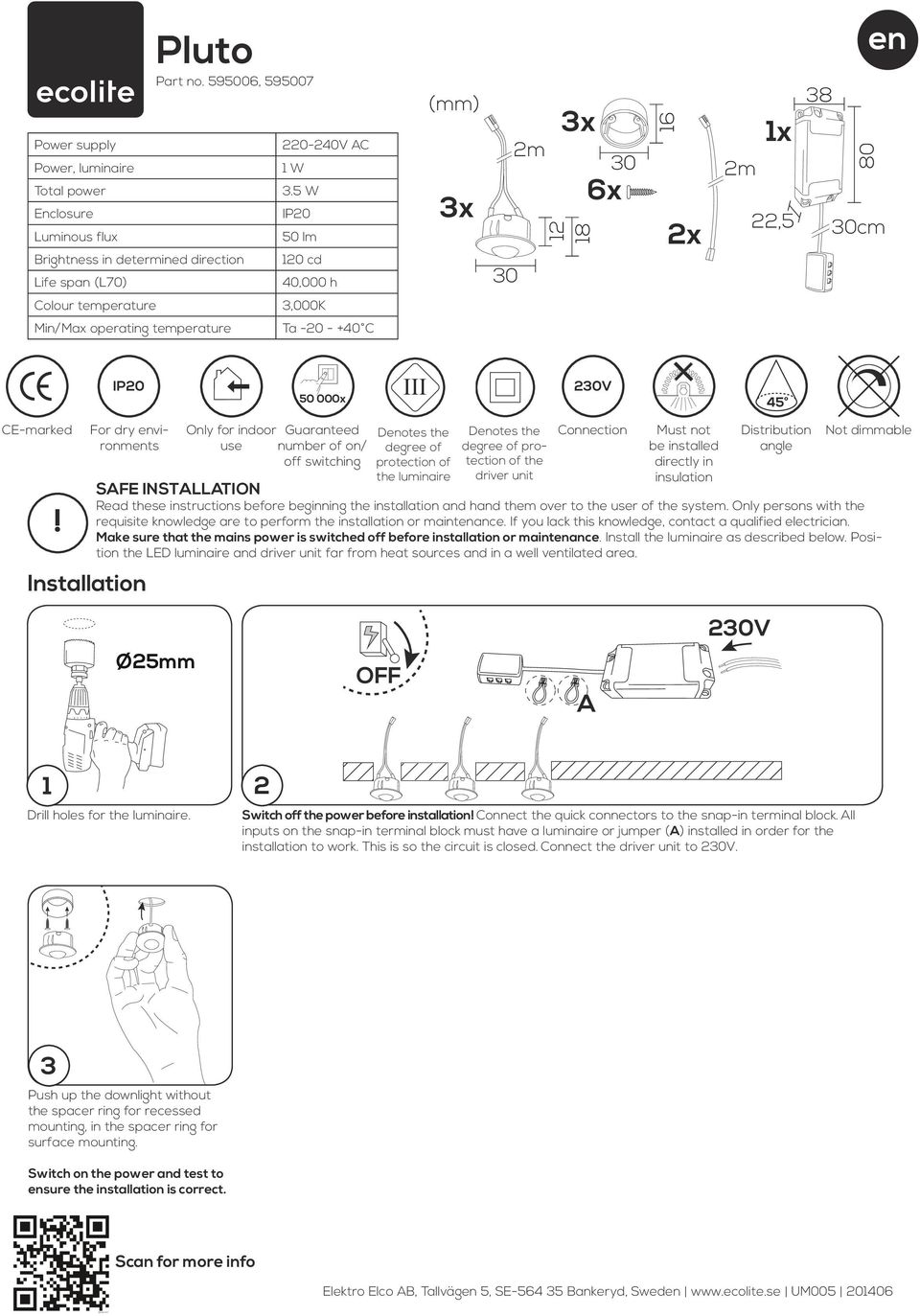 indoor use Guaranteed number of on/ off switching Denotes the degree of protection of the luminaire Denotes the degree of protection of the driver unit Connection Must not be installed directly in