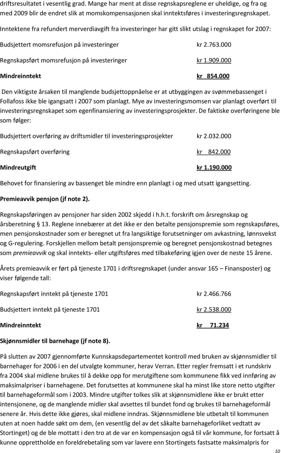 000 Regnskapsført momsrefusjon på investeringer kr 1.909.000 Mindreinntekt kr 854.