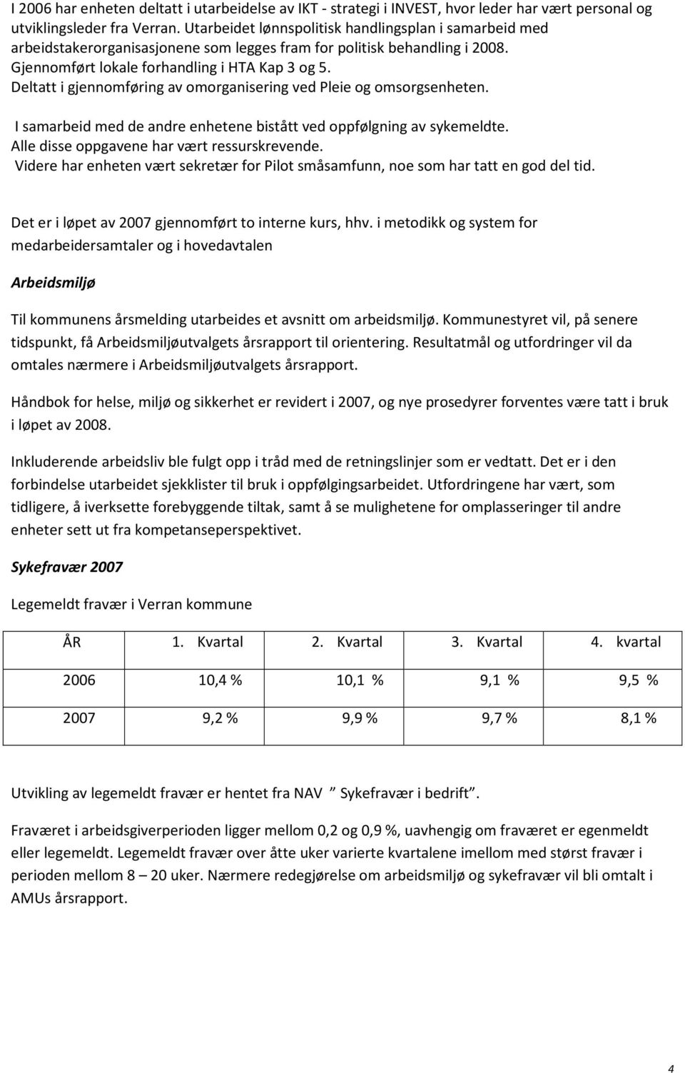 Deltatt i gjennomføring av omorganisering ved Pleie og omsorgsenheten. I samarbeid med de andre enhetene bistått ved oppfølgning av sykemeldte. Alle disse oppgavene har vært ressurskrevende.